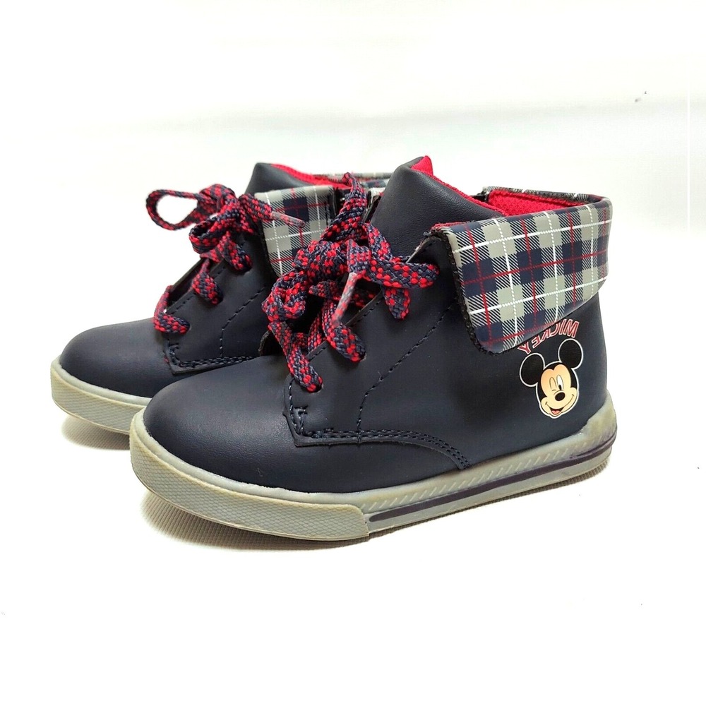 Disney Boys Mickey Mouse Boots Size 9 Navy Blue Preppy Plaid Trim Side Zip